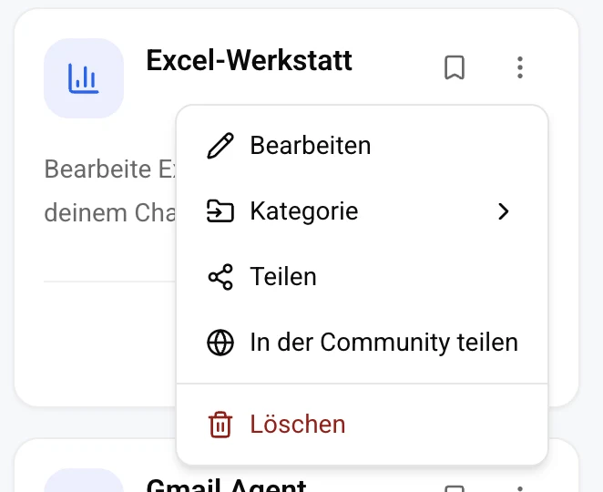 Die Excel-Werkstatt wird direkt aus dem RelationFlow-Workspace in der Community geteilt. Das Formular übernimmt den ausgewählten Agenten, Titel und Beschreibung.