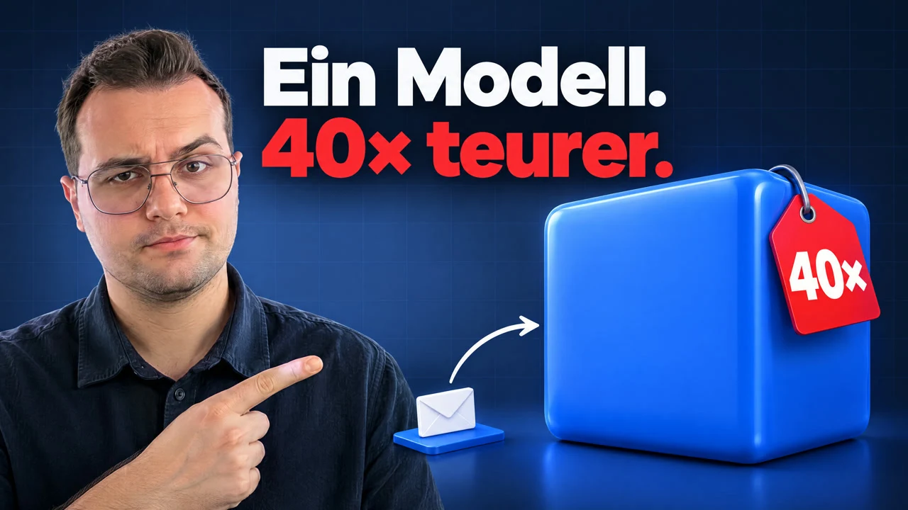 Thumbnail: Marcel zeigt auf eine kleine Mail, die in einen großen blauen Würfel mit Preisschild 40x geht. Text: Ein Modell. 40x teurer.