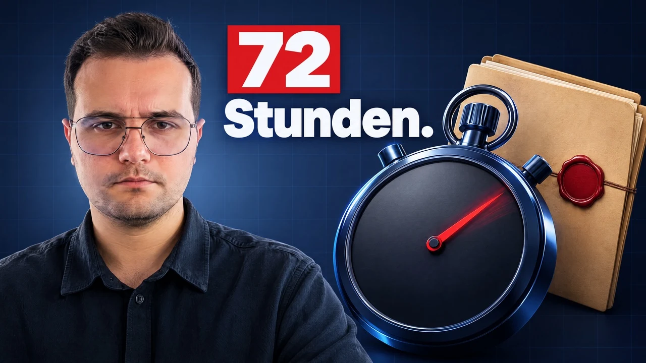 Marcel vor einer großen Stoppuhr mit rotem Zeiger und einer versiegelten Akte, daneben die Aufschrift "72 Stunden."
