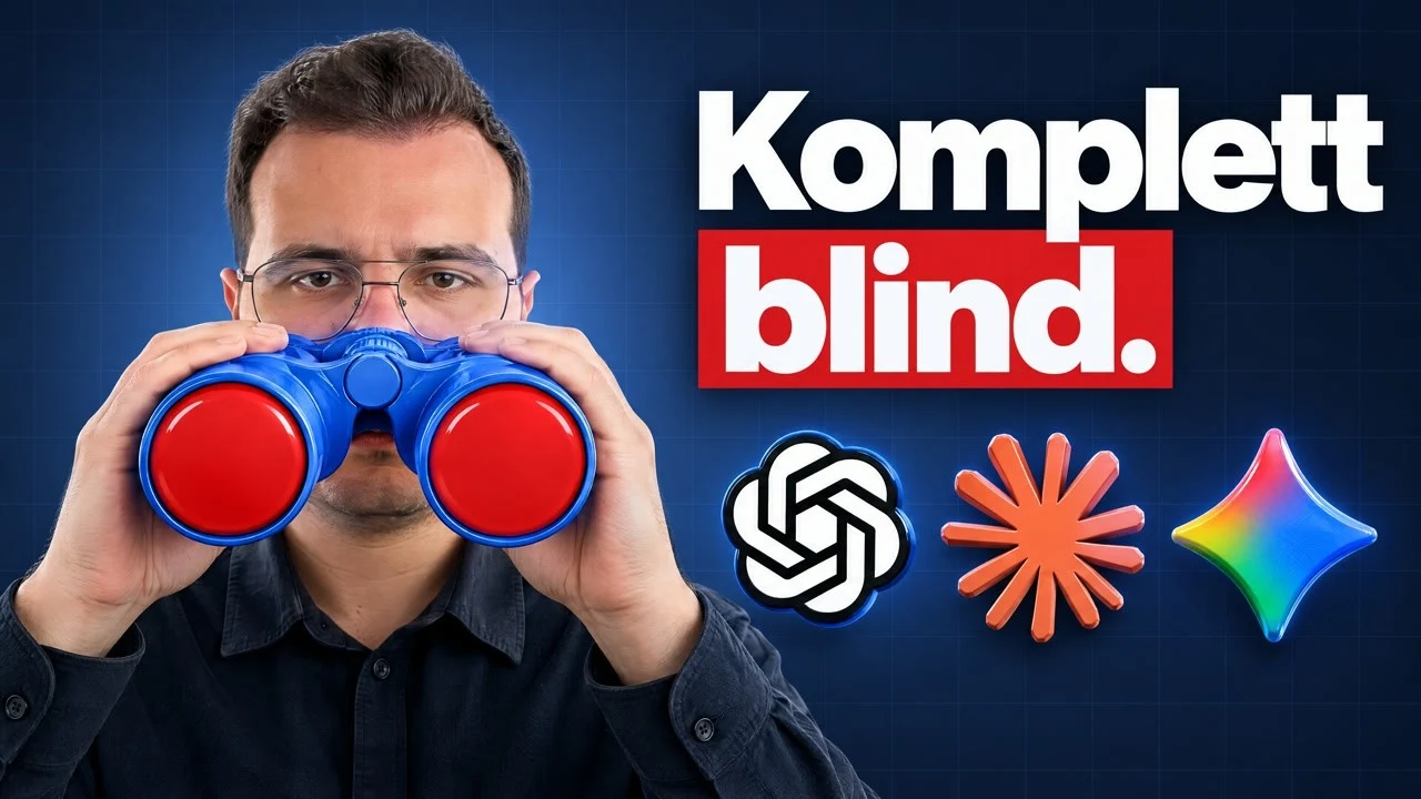 Marcel hält ein blaues Fernglas mit roten Abdeckungen vor sich. Daneben steht „Komplett blind.“ über den Logos von ChatGPT, Claude und Gemini.