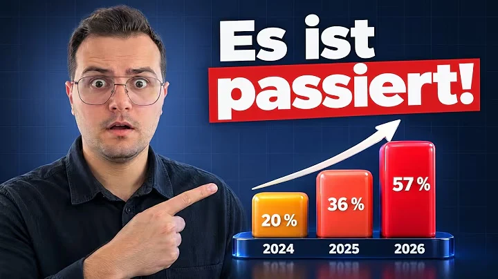 Marcel zeigt auf drei steigende Balken: 20 % für 2024, 36 % für 2025 und 57 % für 2026. Darüber steht „Es ist passiert!“.
