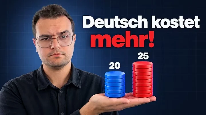 Marcel hält zwei Stapel Tokens auf der Hand: einen blauen mit der Zahl 20 und einen roten mit der Zahl 25. Darüber steht „Deutsch kostet mehr!“.